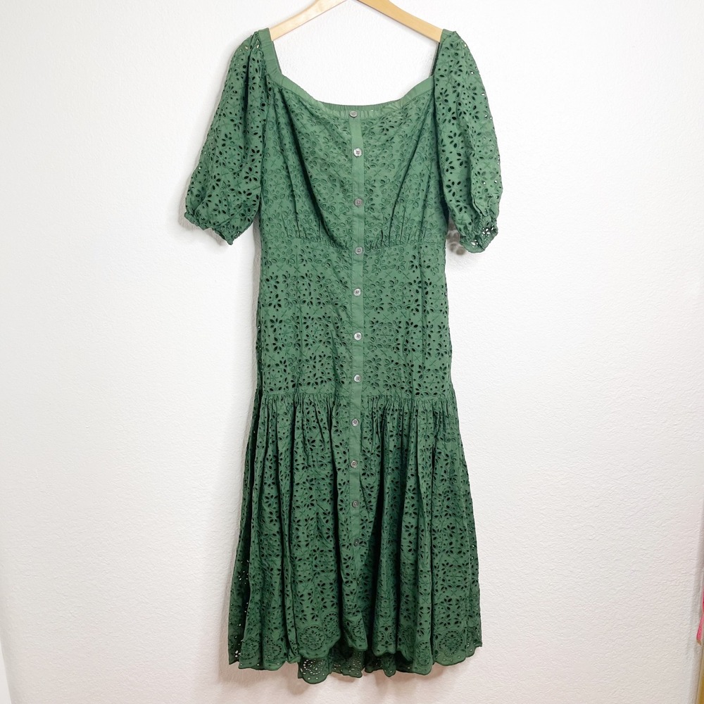 Veronica Beard Green Eyelet Cotton Midi Dress Puff Sleeve Button Front Size 10 - Picture 2 of 6